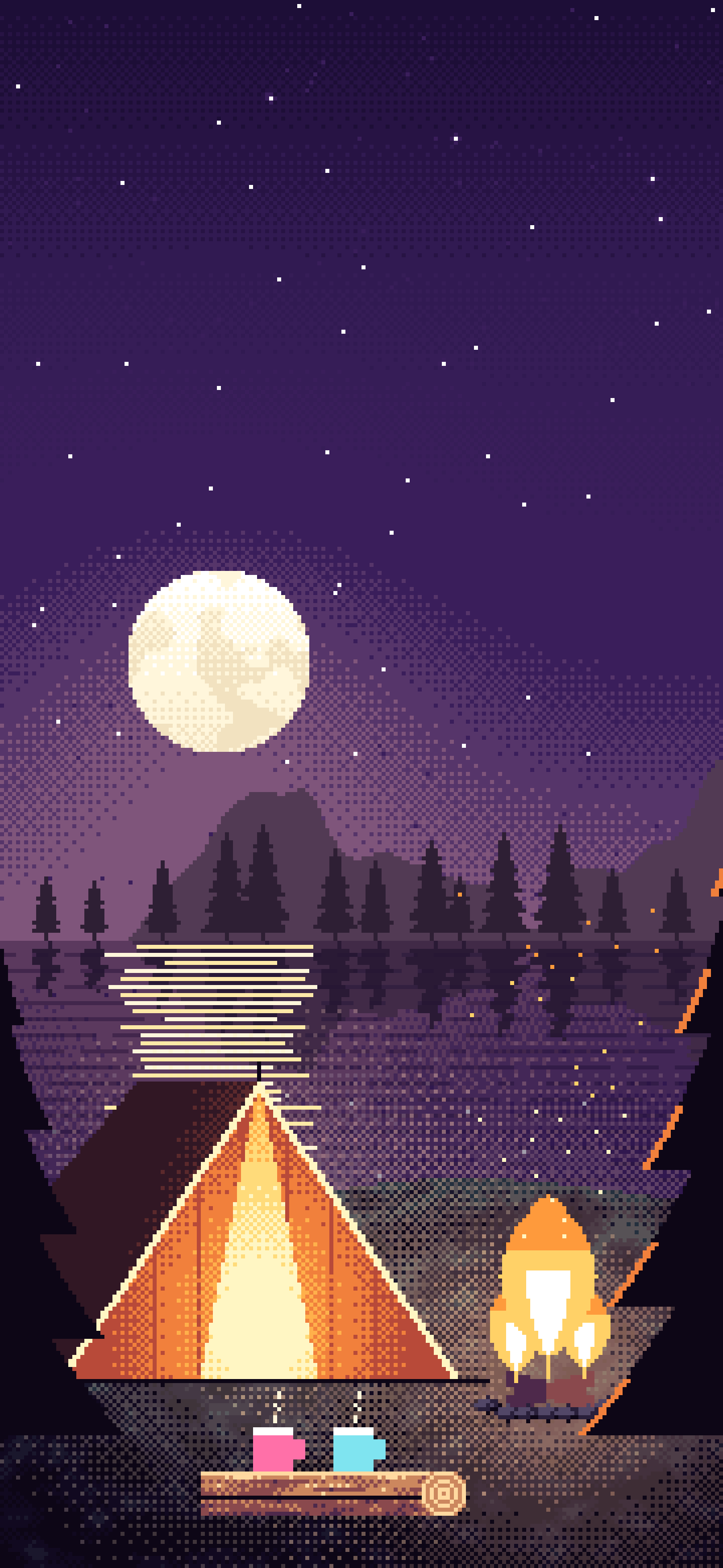Dark Purple Pixel Art Campfire wallpaper for iPhone and Android