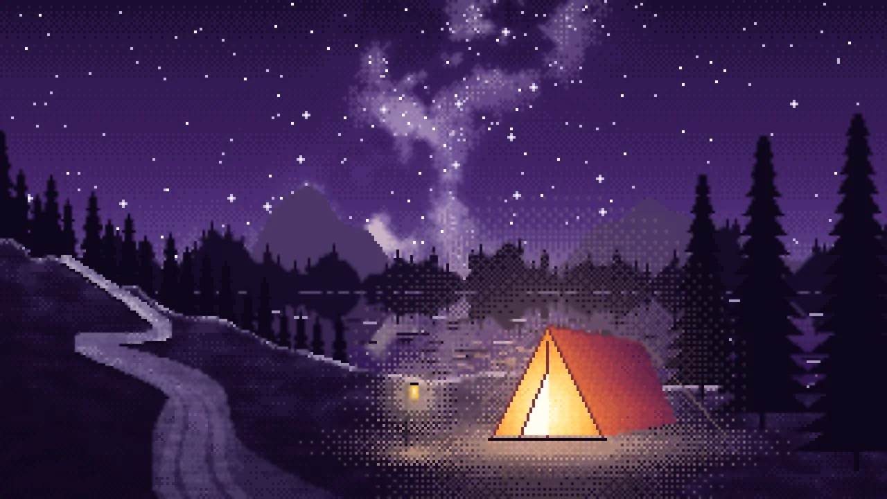 Dark Purple Pixel Art Camping Tent by a Lake desktop wallpaper in 4K