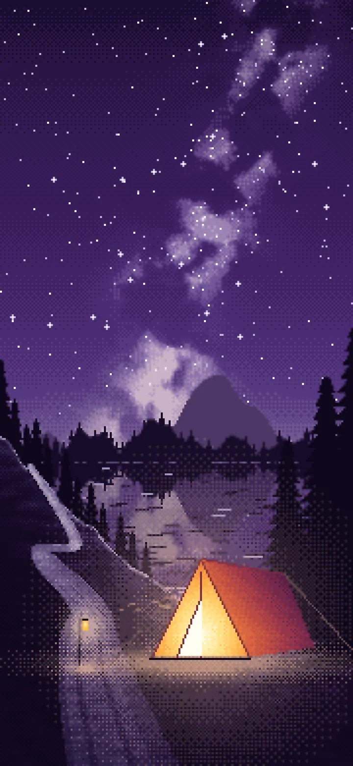 Dark Purple Pixel Art Camping Tent by a Lake wallpaper for iPhone and Android