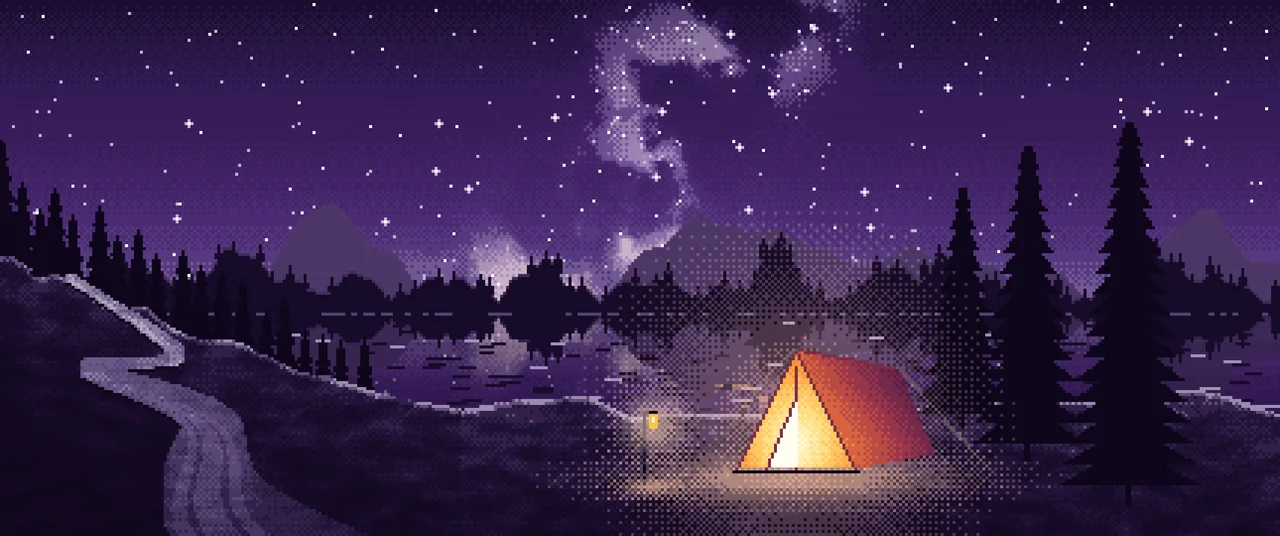 Dark Purple Pixel Art Camping Tent by a Lake ultrawide wallpaper, 3440 × 1440