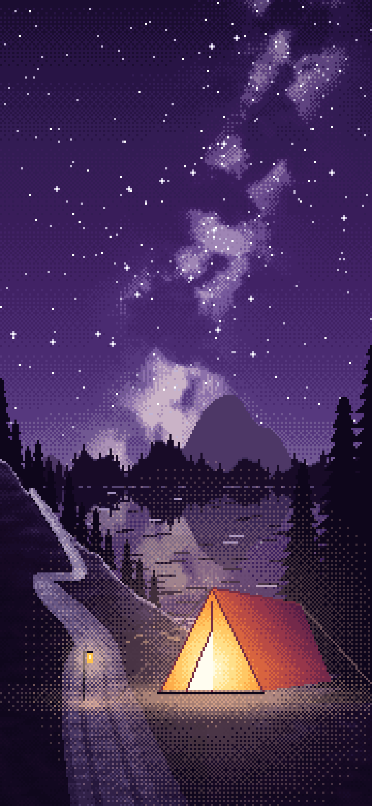 Dark Purple Pixel Art Camping Tent by a Lake wallpaper for iPhone and Android