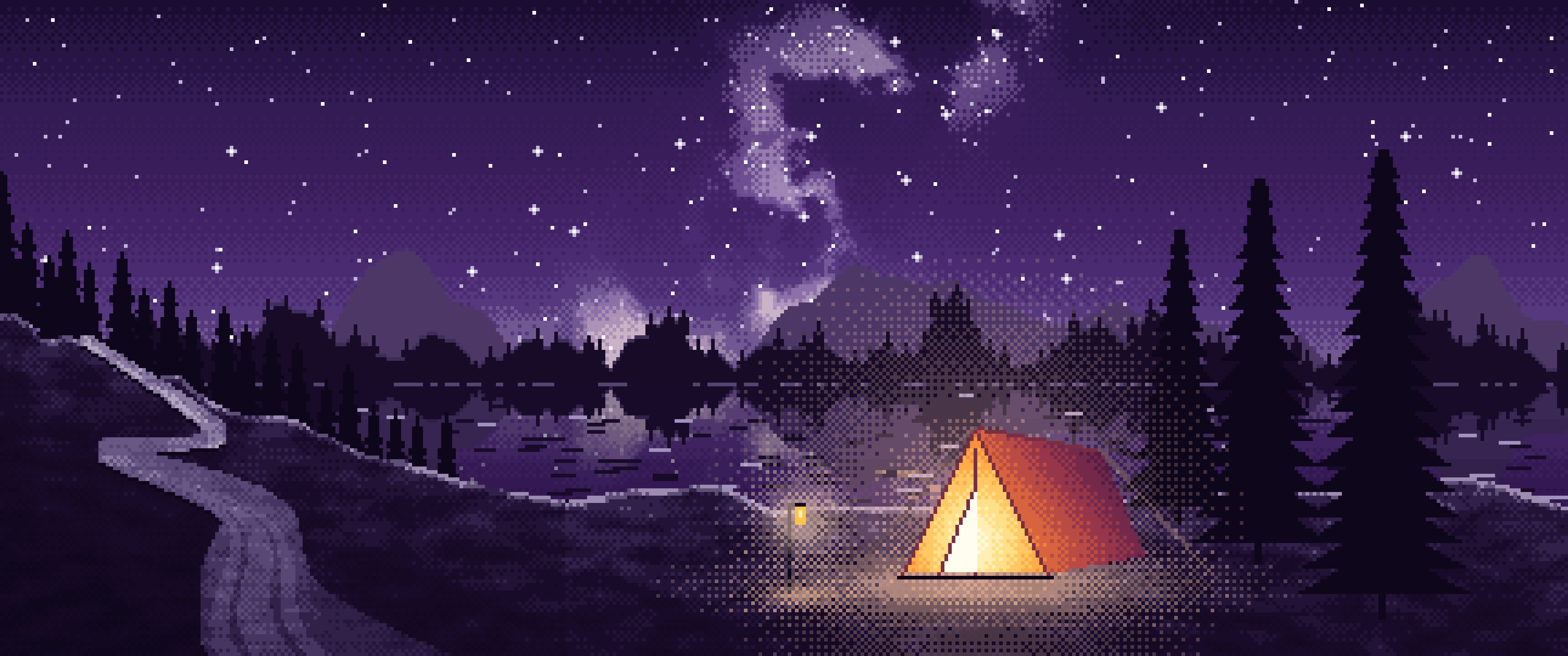 Dark Purple Pixel Art Camping Tent by a Lake ultrawide wallpaper, 3440 × 1440
