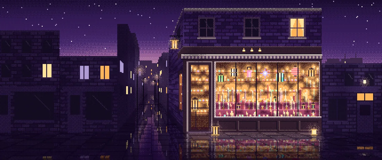 Dark Purple Pixel Art Candle Shop ultrawide wallpaper, 3440 × 1440