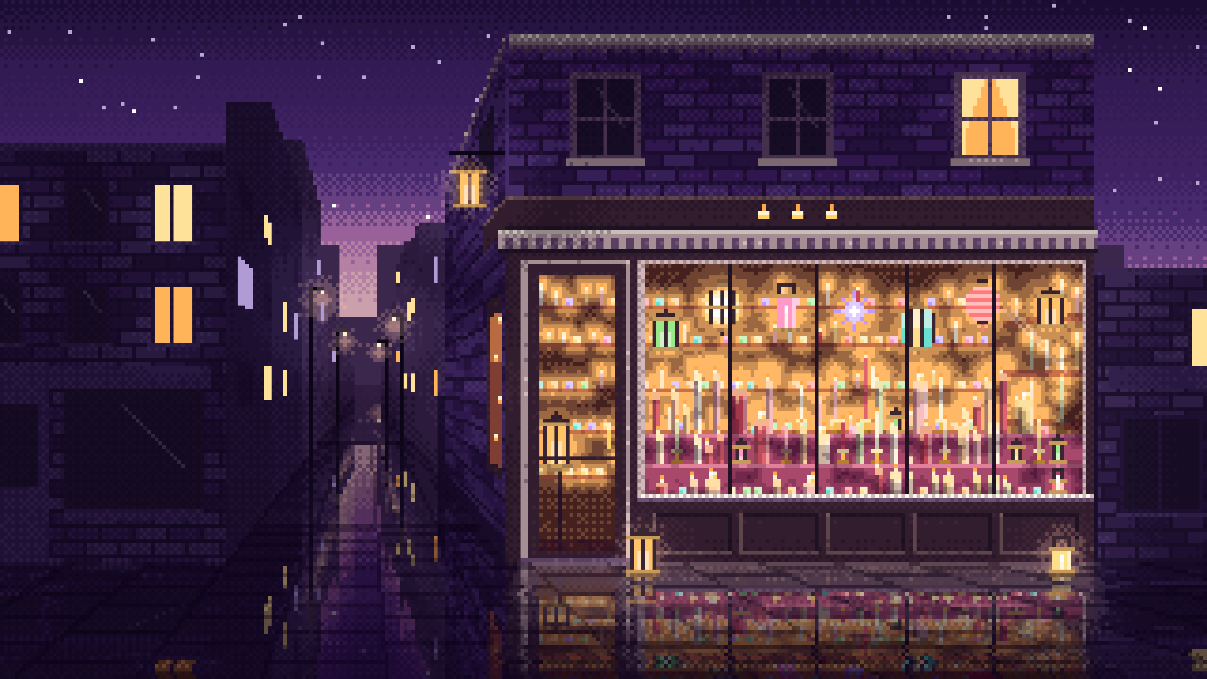 Dark Purple Pixel Art Candle Shop desktop wallpaper in 4K