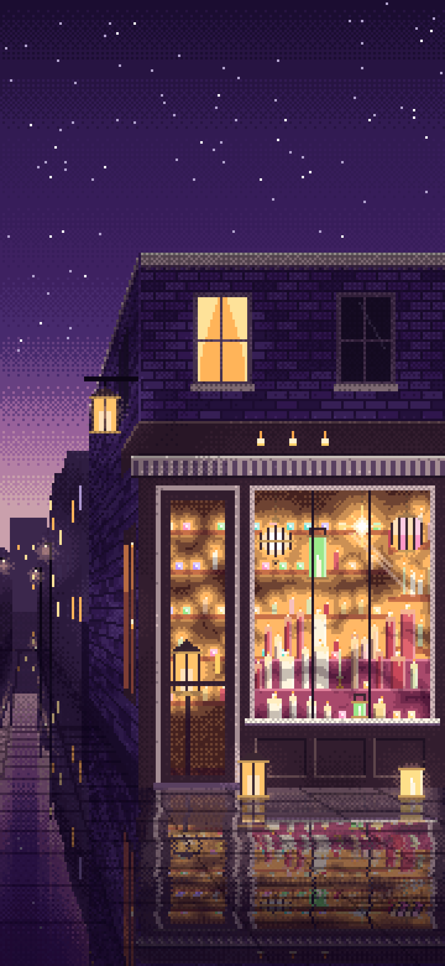 Dark Purple Pixel Art Candle Shop wallpaper for iPhone and Android