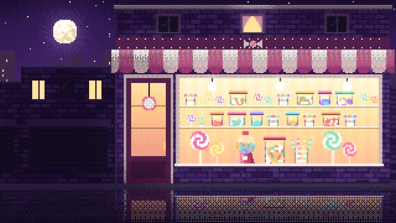 Dark Purple Pixel Art Candy Shop desktop wallpaper in 4K