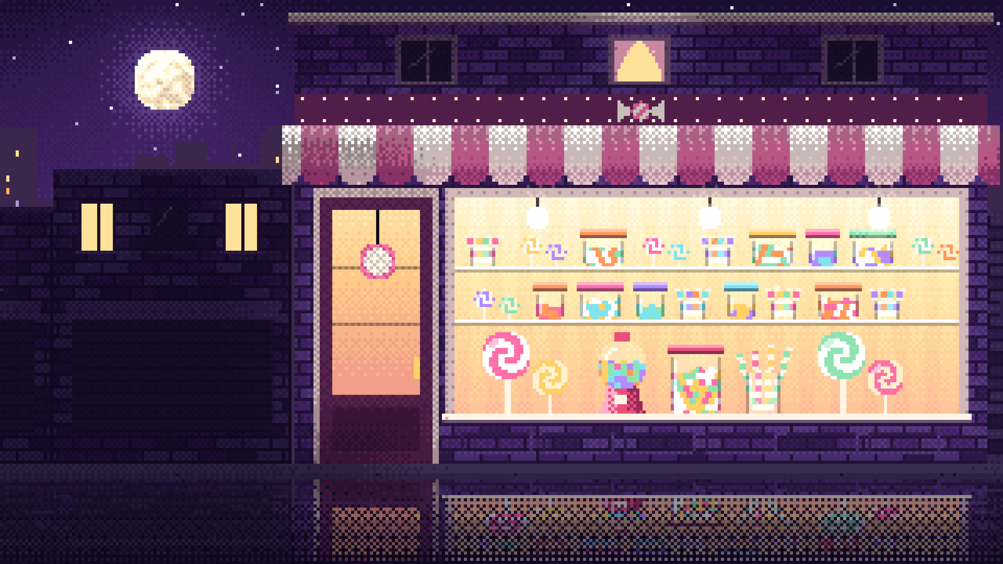 Dark Purple Pixel Art Candy Shop desktop wallpaper in 4K