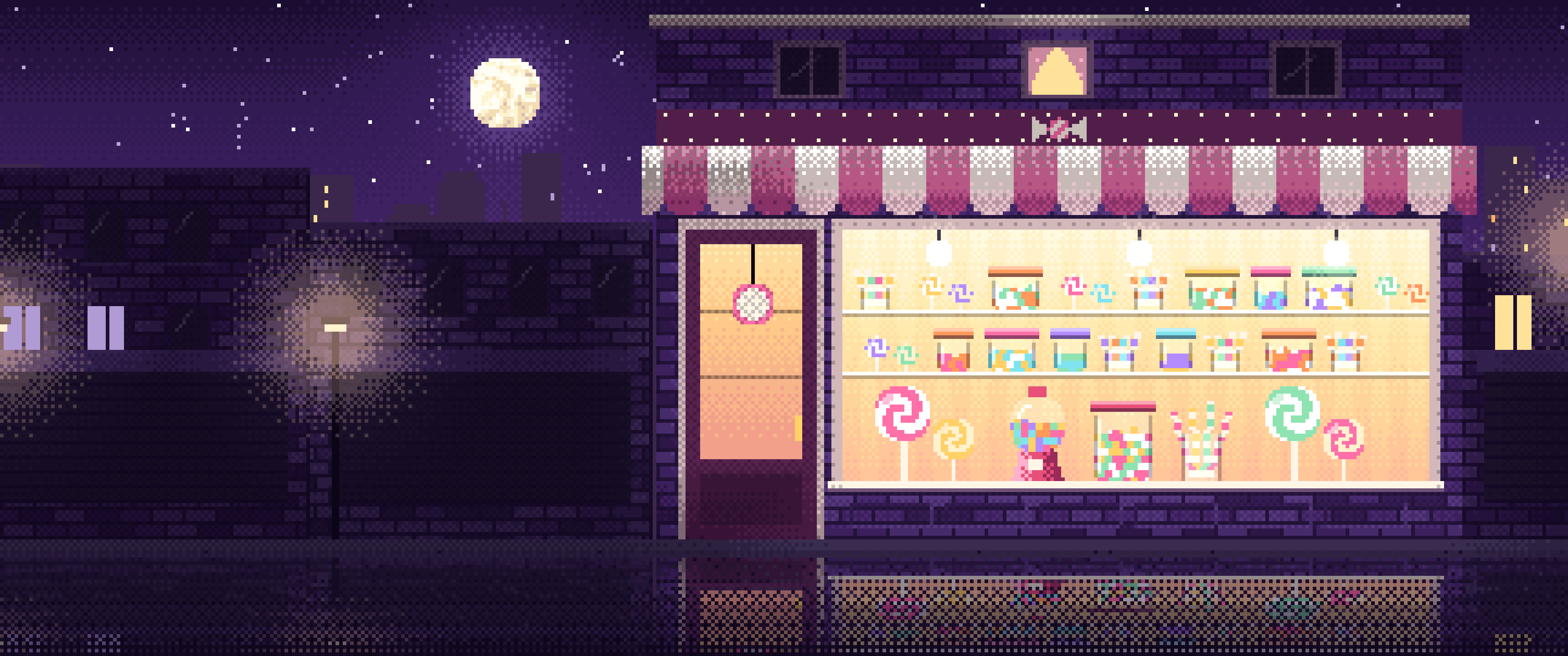 Dark Purple Pixel Art Candy Shop ultrawide wallpaper, 3440 × 1440