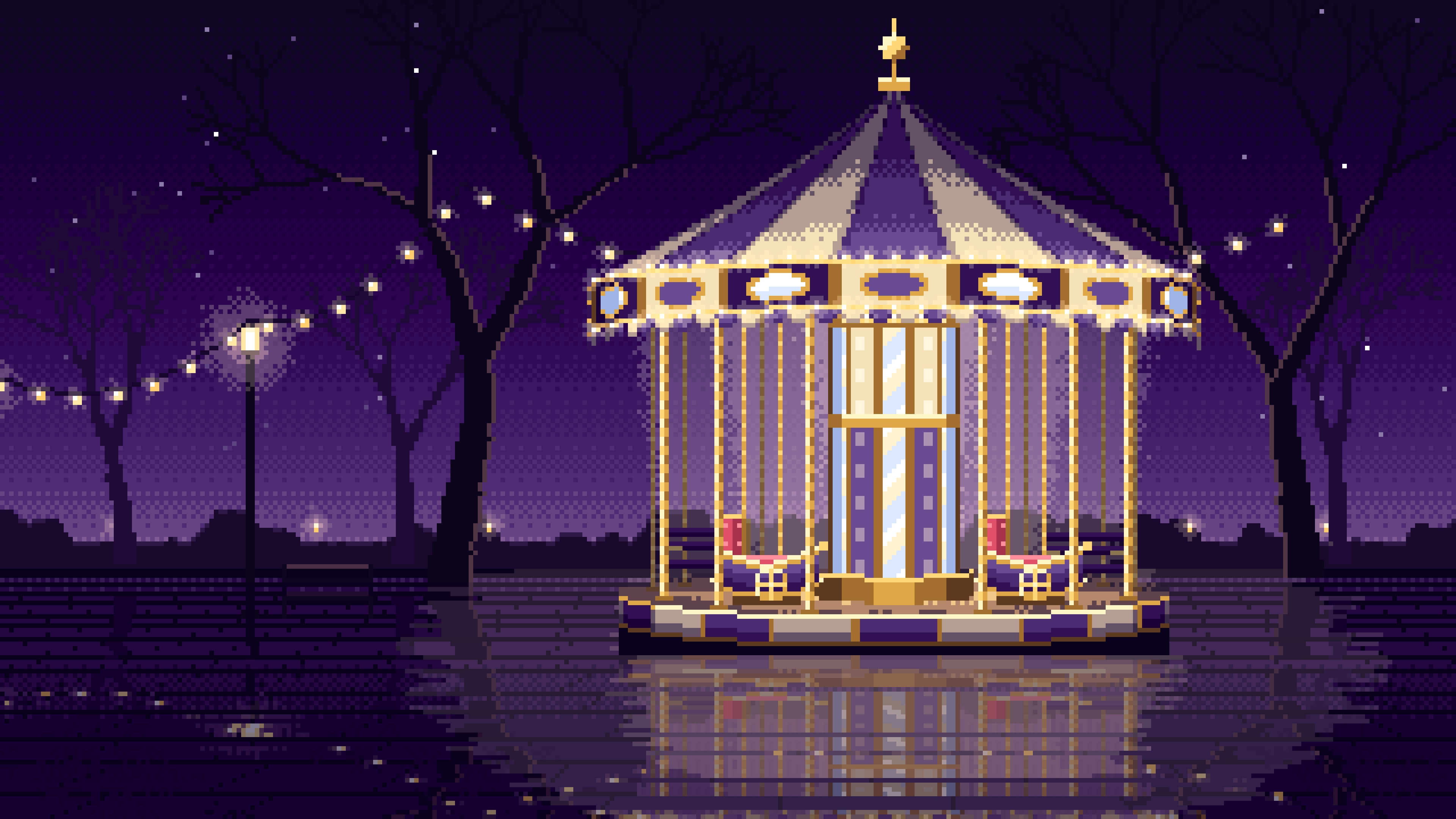 Dark Purple Pixel Art Carousel at Night desktop wallpaper in 4K