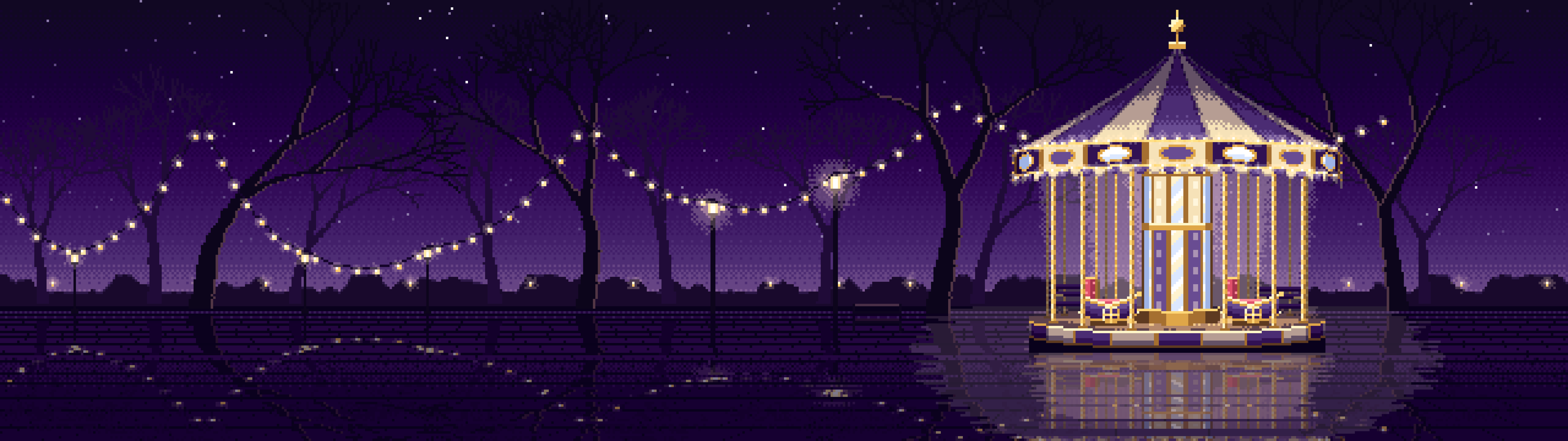 Dark Purple Pixel Art Carousel at Night dual monitor wallpaper, 7680 × 2160