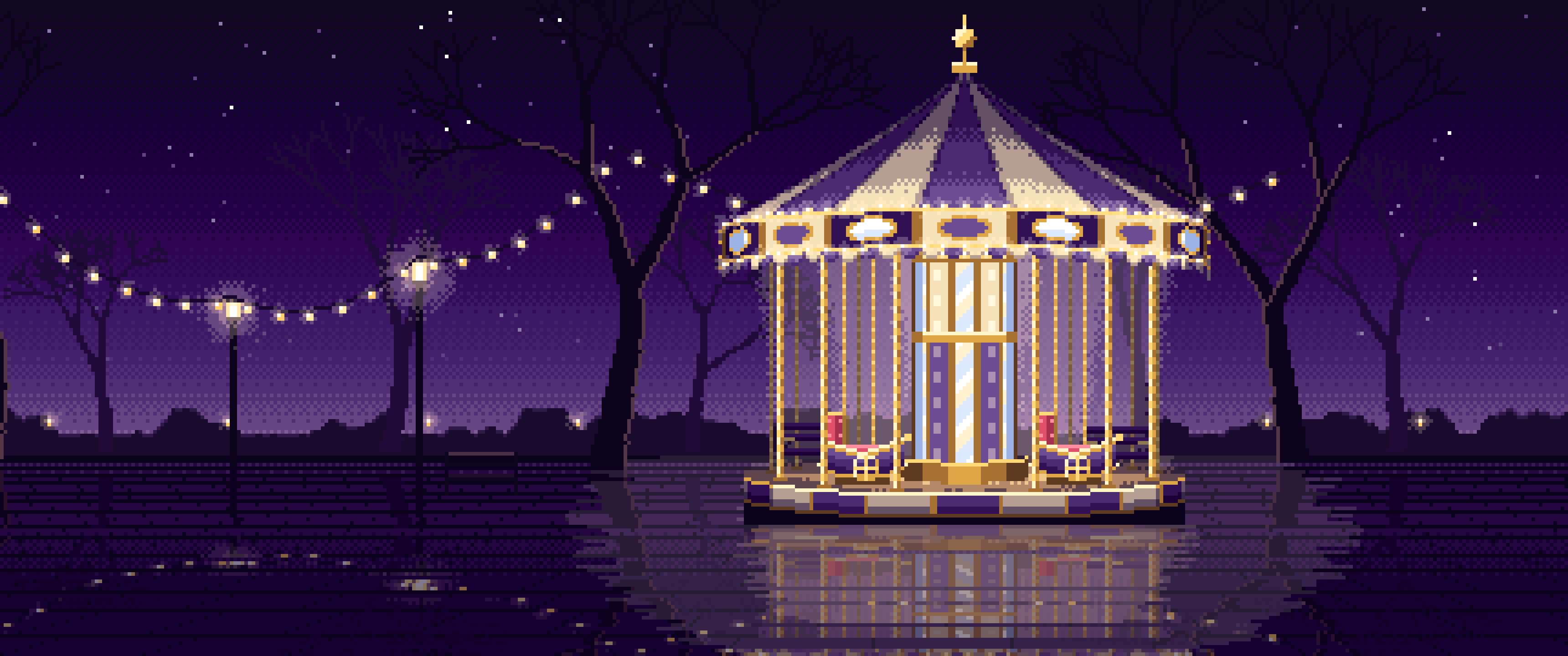Dark Purple Pixel Art Carousel at Night ultrawide wallpaper, 3440 × 1440