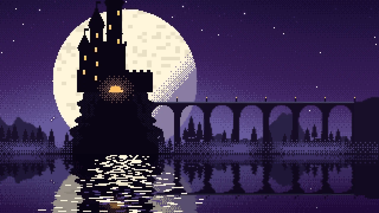 Dark Purple Pixel Art Castle desktop wallpaper in 4K