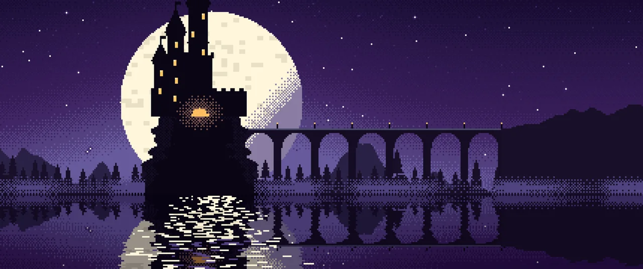 Dark Purple Pixel Art Castle ultrawide wallpaper, 3440 × 1440
