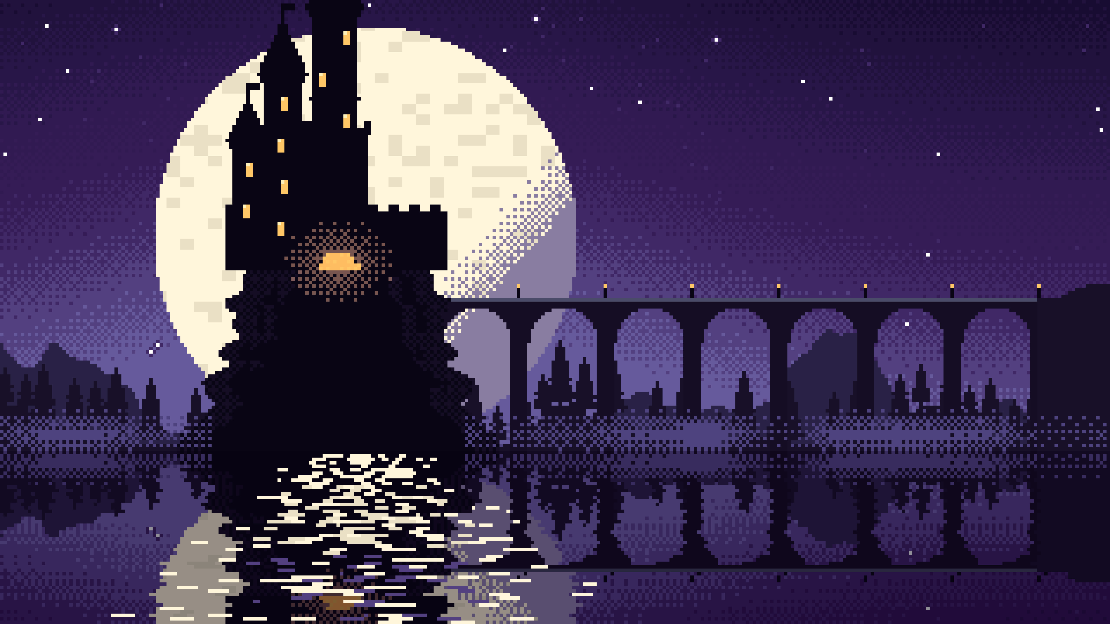 Dark Purple Pixel Art Castle desktop wallpaper in 4K