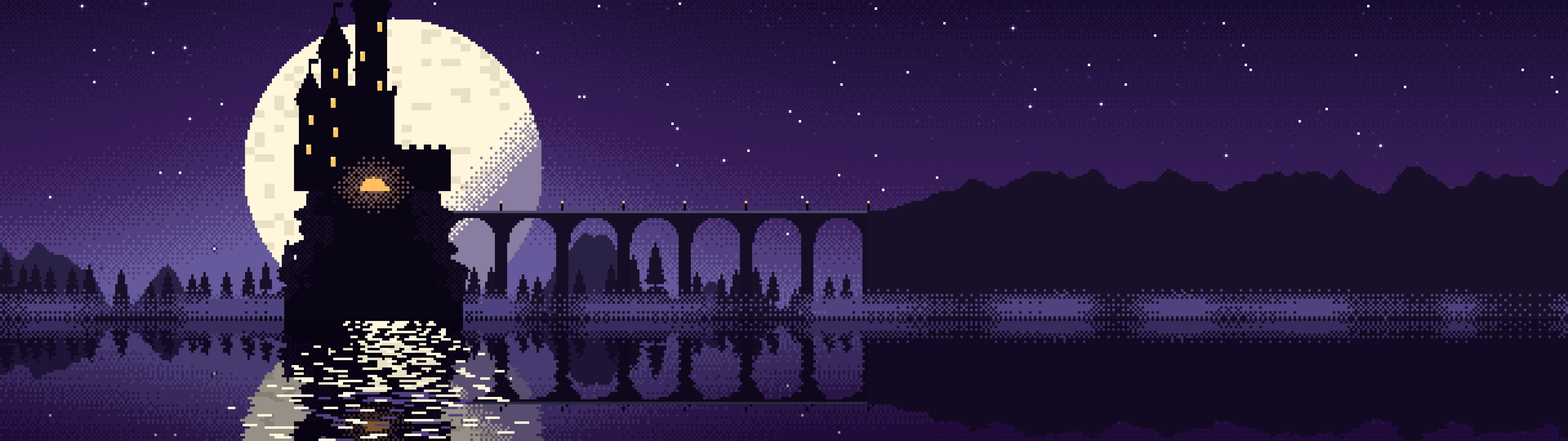 Dark Purple Pixel Art Castle dual monitor wallpaper, 7680 × 2160