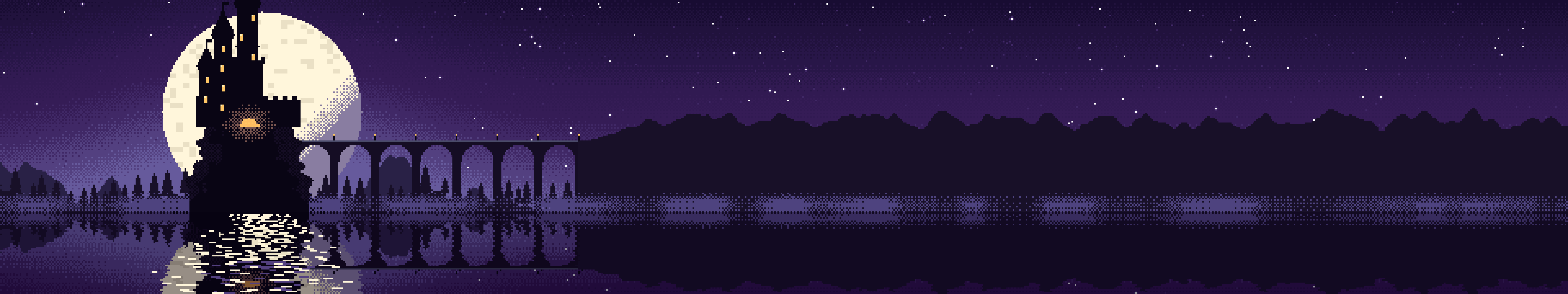 Dark Purple Pixel Art Castle triple monitor wallpaper, 7680 × 1440