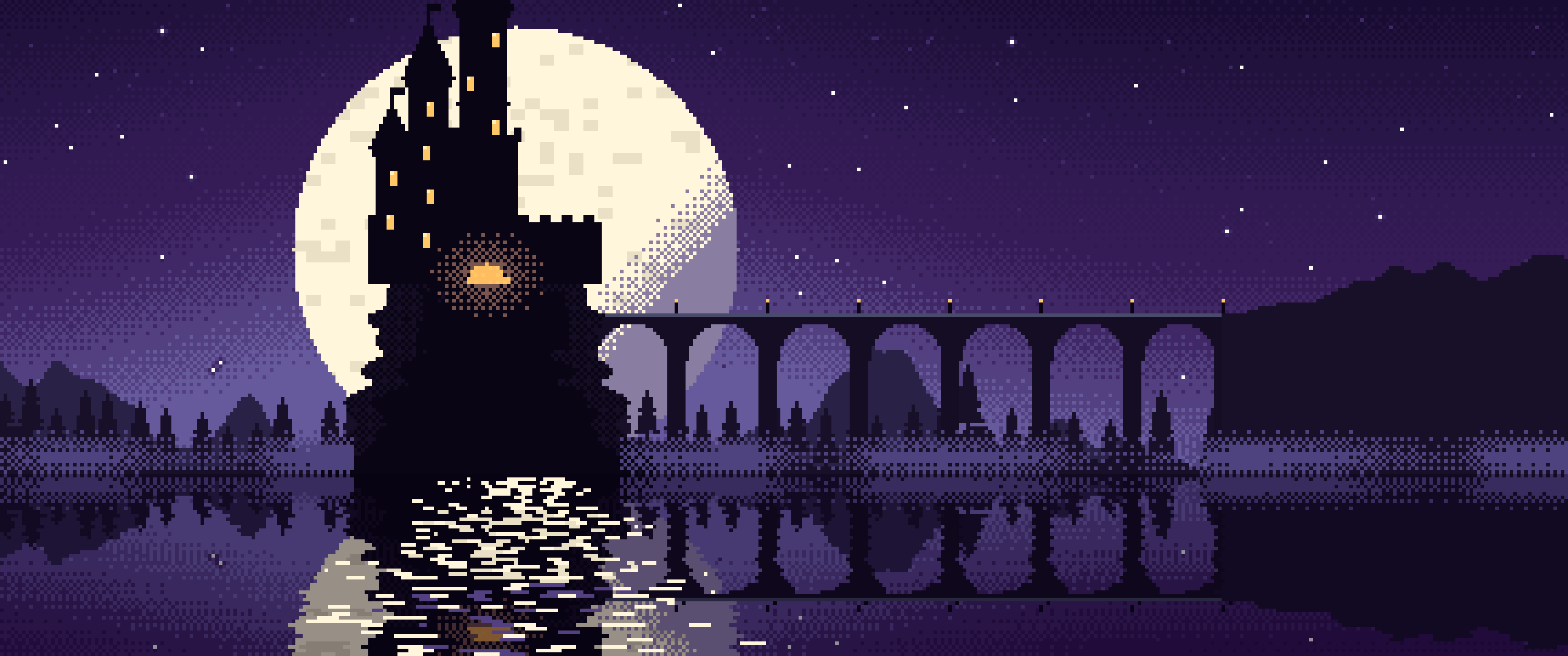 Dark Purple Pixel Art Castle ultrawide wallpaper, 3440 × 1440