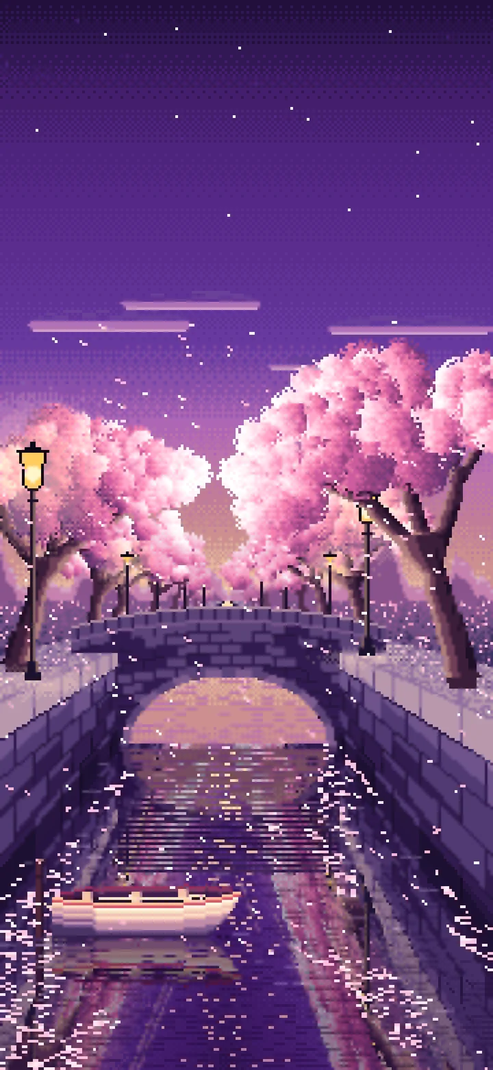 Dark Purple Pixel Art Cherry Blossom Canal at Dusk wallpaper for iPhone and Android