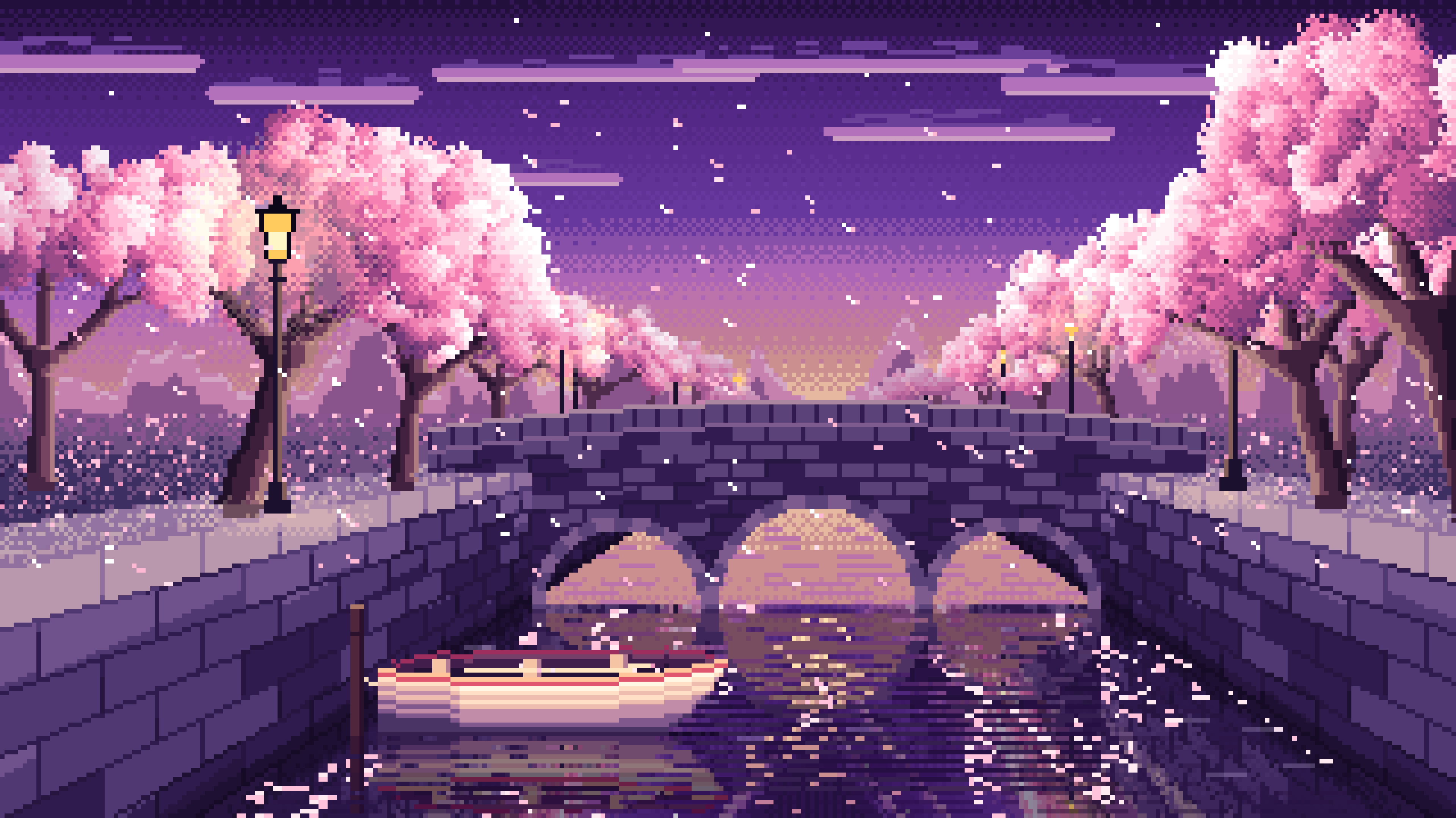 Dark Purple Pixel Art Cherry Blossom Canal at Dusk desktop wallpaper in 4K