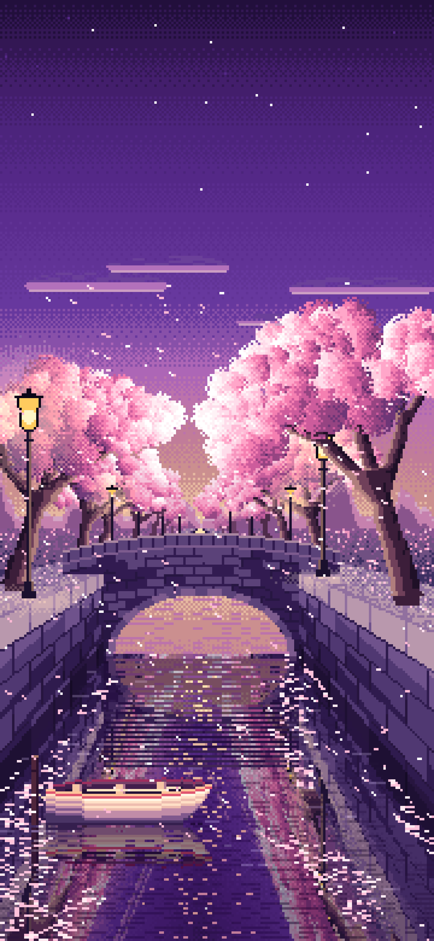 Dark Purple Pixel Art Cherry Blossom Canal at Dusk wallpaper for iPhone and Android
