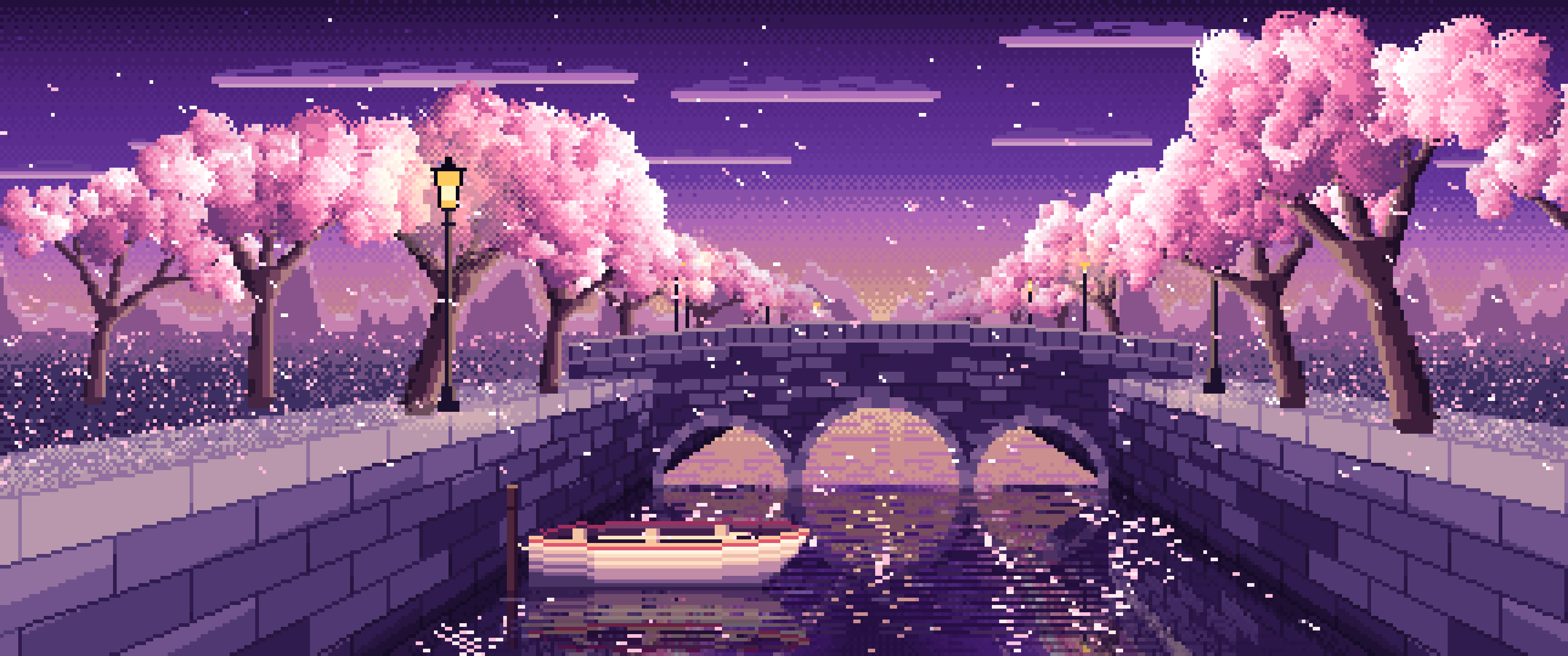 Dark Purple Pixel Art Cherry Blossom Canal at Dusk ultrawide wallpaper, 3440 × 1440