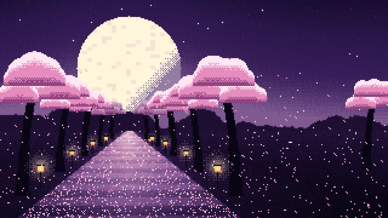 Dark Purple Pixel Art Cherry Blossom Path desktop wallpaper in 4K