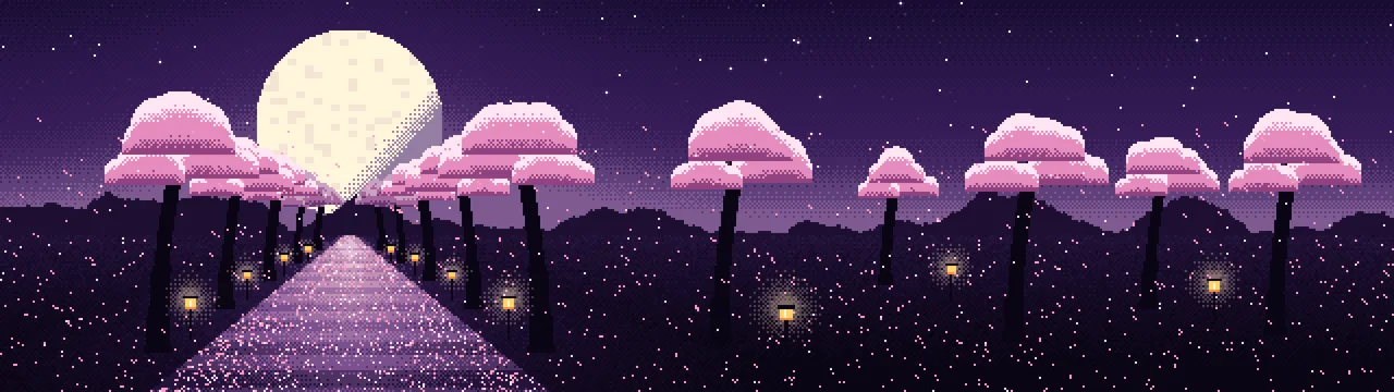 Dark Purple Pixel Art Cherry Blossom Path dual monitor wallpaper, 7680 × 2160