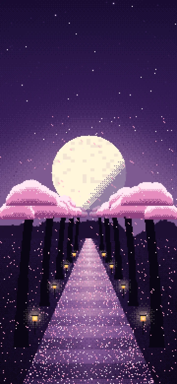 Dark Purple Pixel Art Cherry Blossom Path wallpaper for iPhone and Android