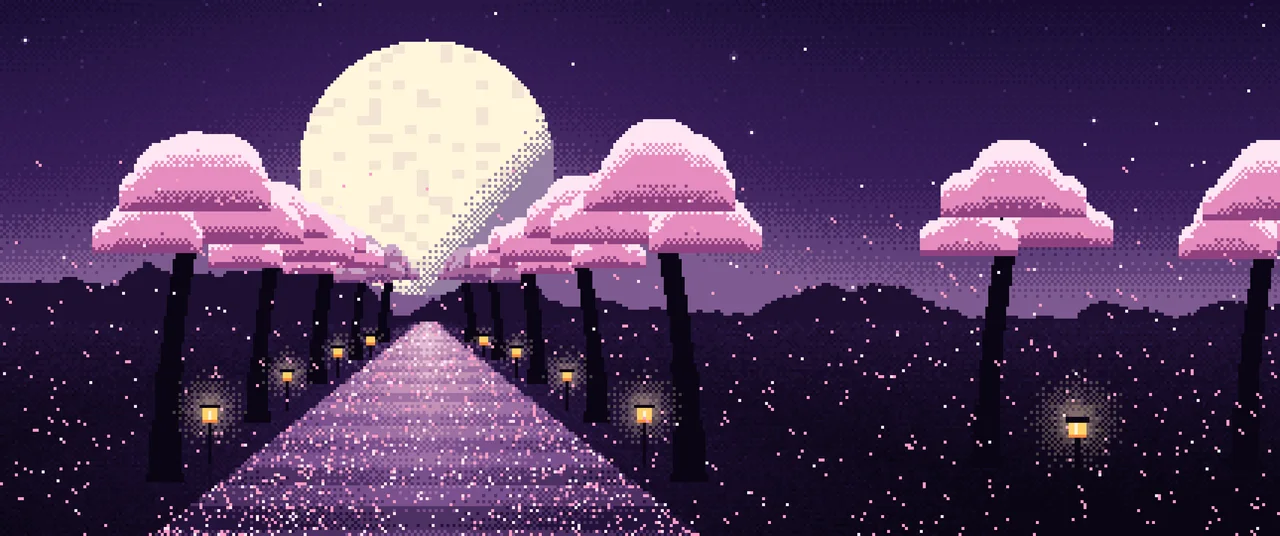 Dark Purple Pixel Art Cherry Blossom Path ultrawide wallpaper, 3440 × 1440
