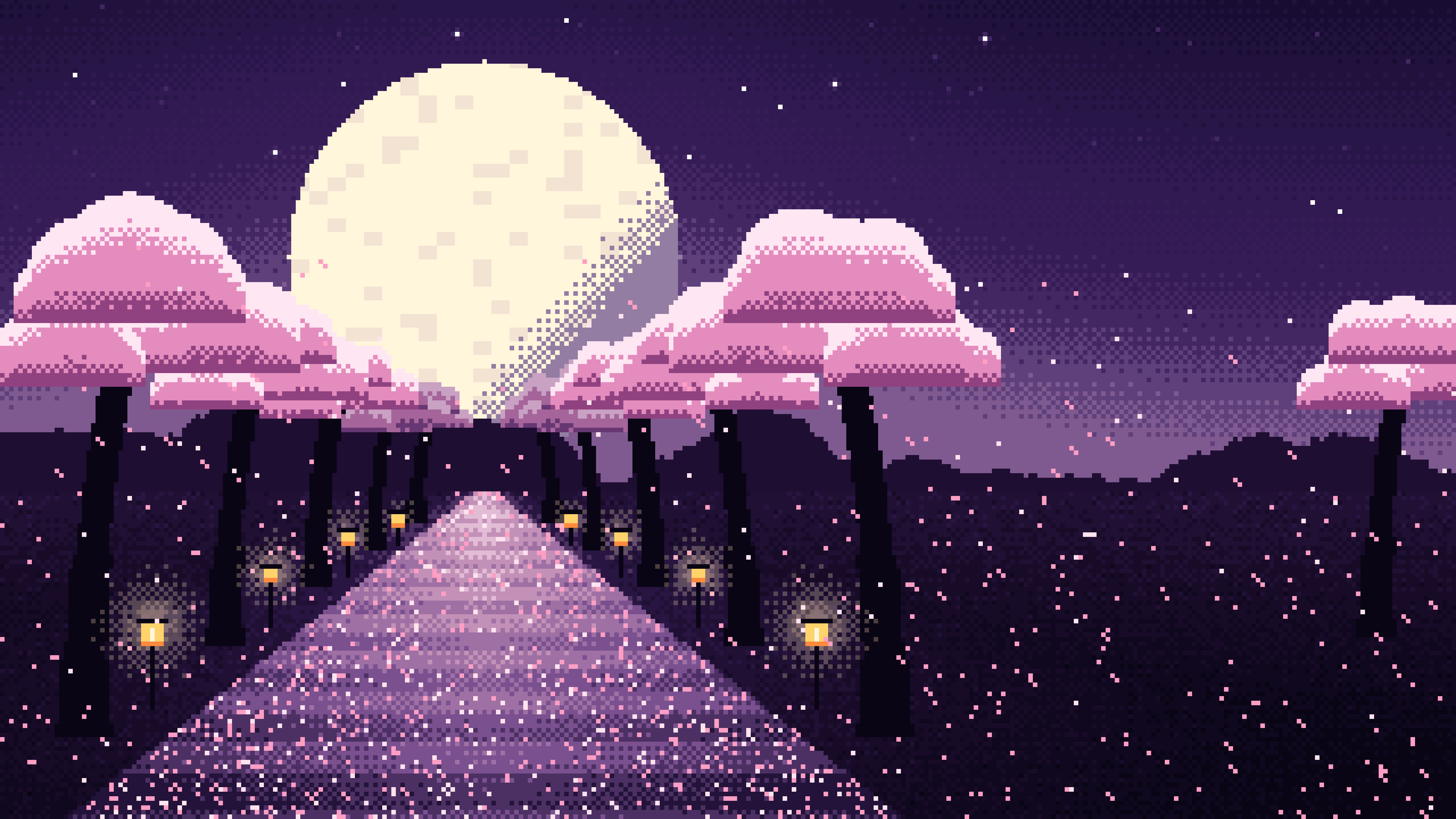 Dark Purple Pixel Art Cherry Blossom Path desktop wallpaper in 4K