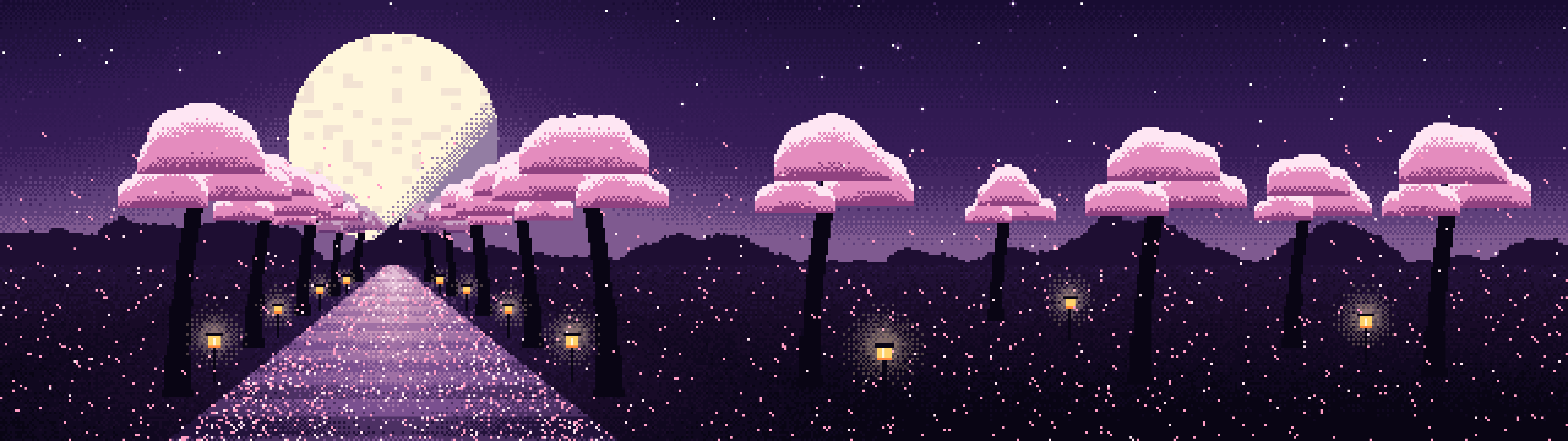 Dark Purple Pixel Art Cherry Blossom Path dual monitor wallpaper, 7680 × 2160