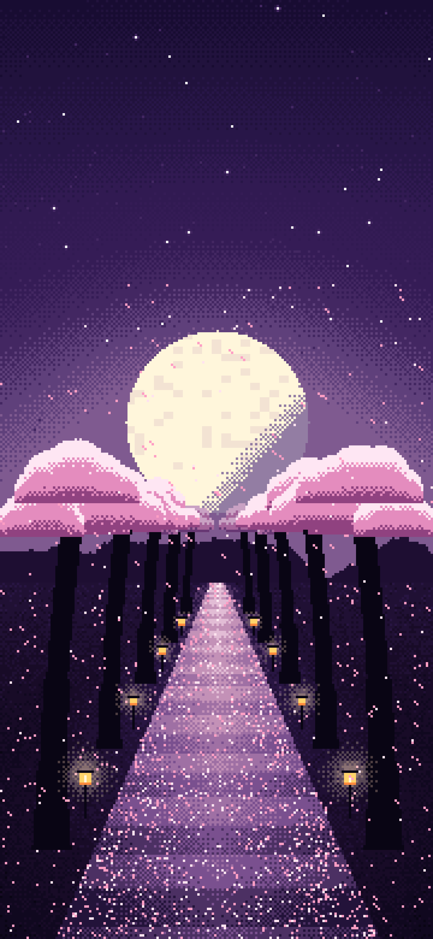 Dark Purple Pixel Art Cherry Blossom Path wallpaper for iPhone and Android