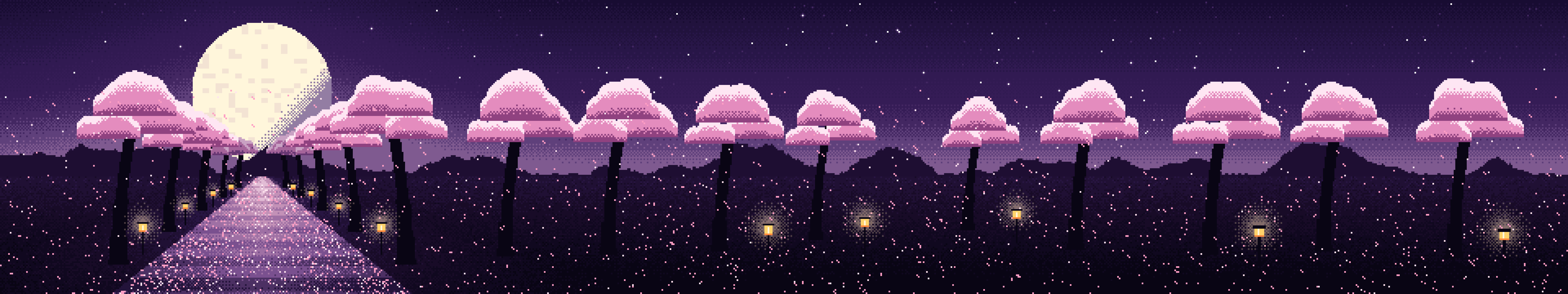 Dark Purple Pixel Art Cherry Blossom Path triple monitor wallpaper, 7680 × 1440