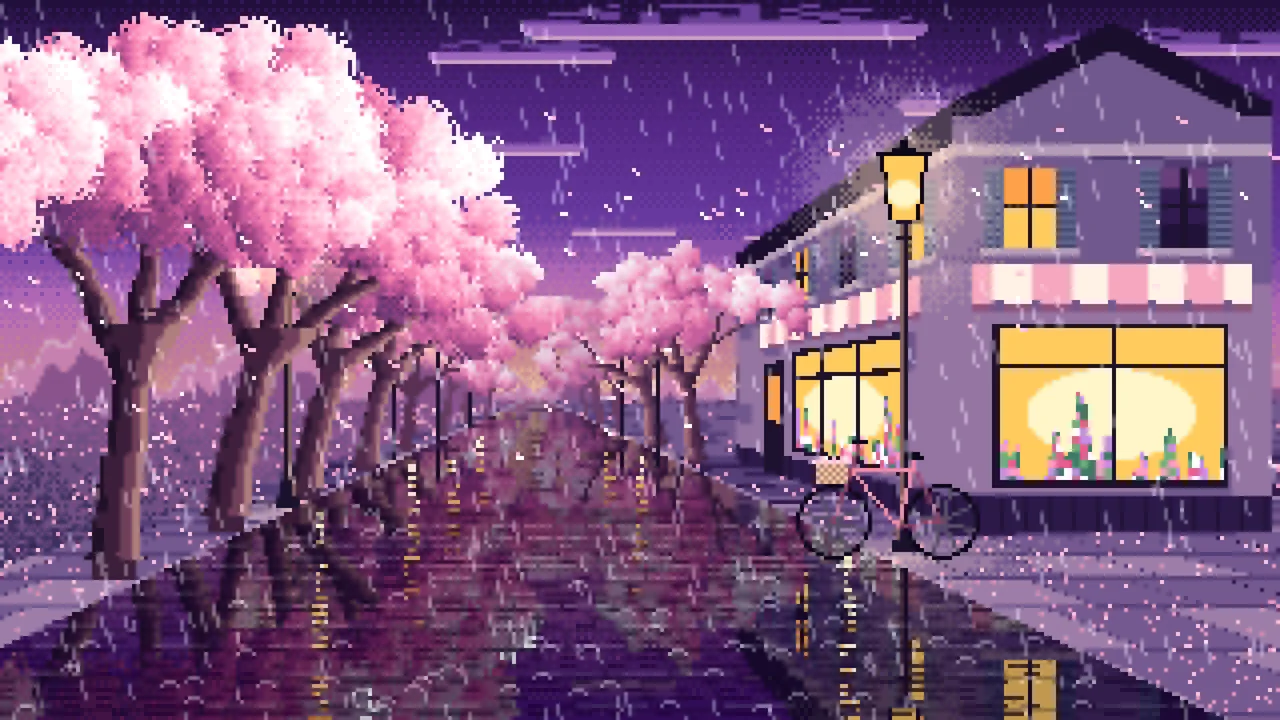 Dark Purple Pixel Art Cherry Blossom Street in the Rain desktop wallpaper in 4K