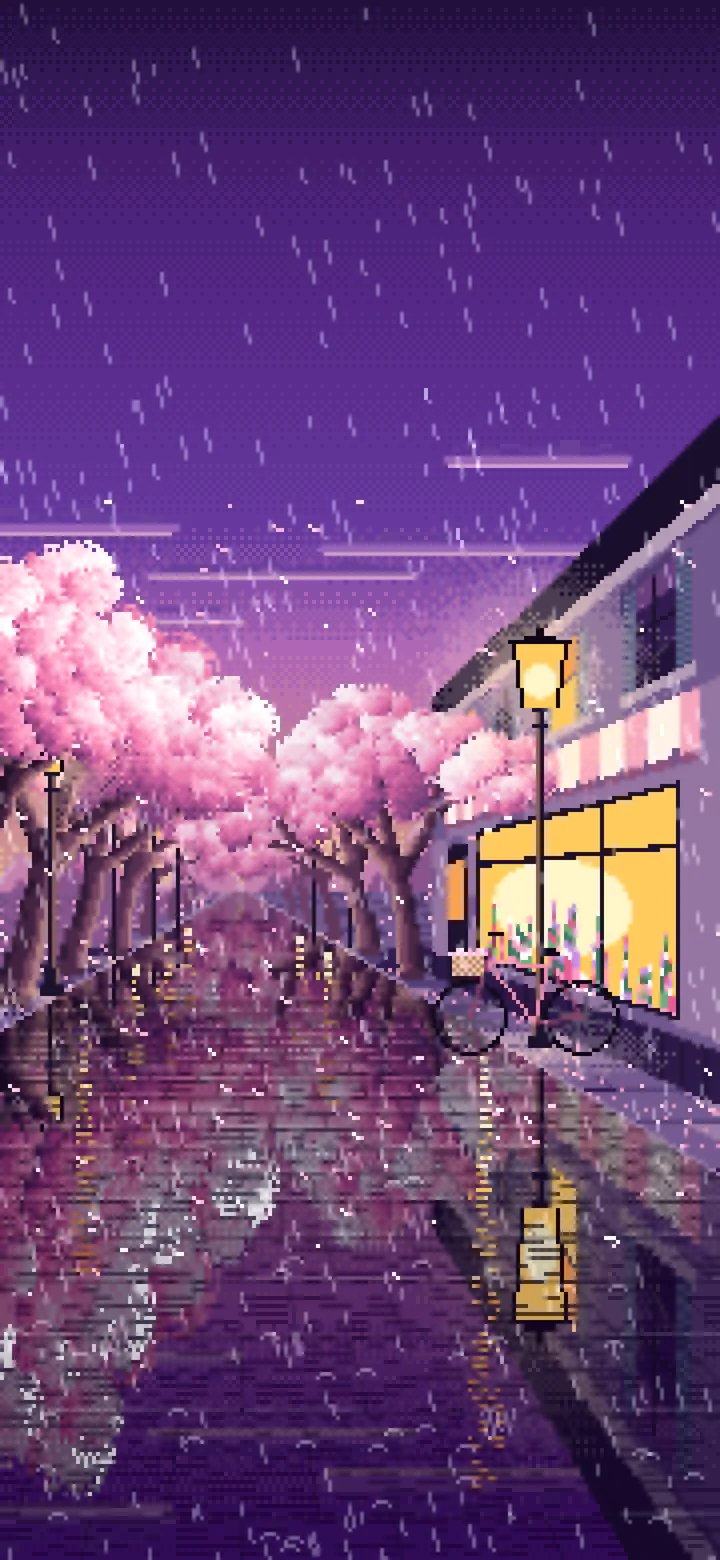Dark Purple Pixel Art Cherry Blossom Street in the Rain wallpaper for iPhone and Android