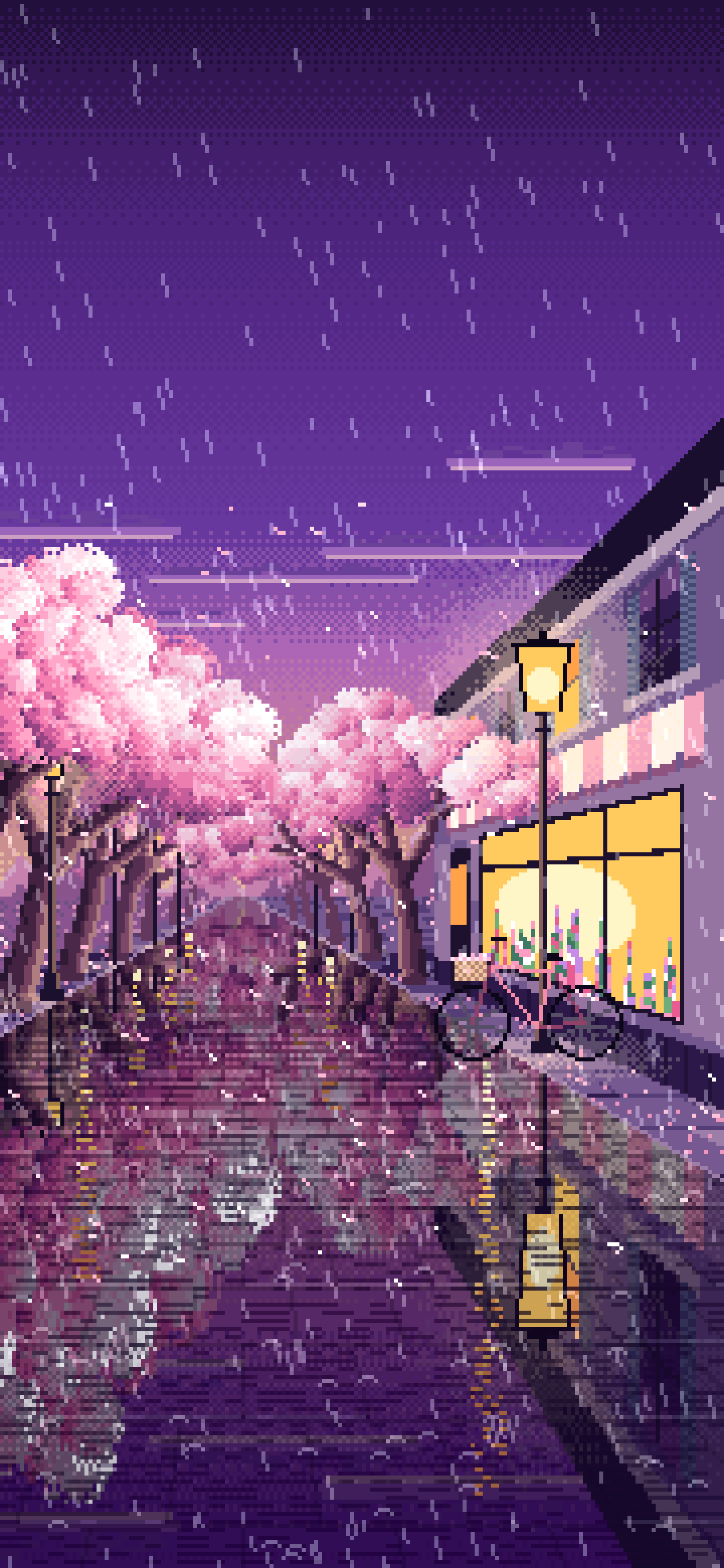 Dark Purple Pixel Art Cherry Blossom Street in the Rain wallpaper for iPhone and Android