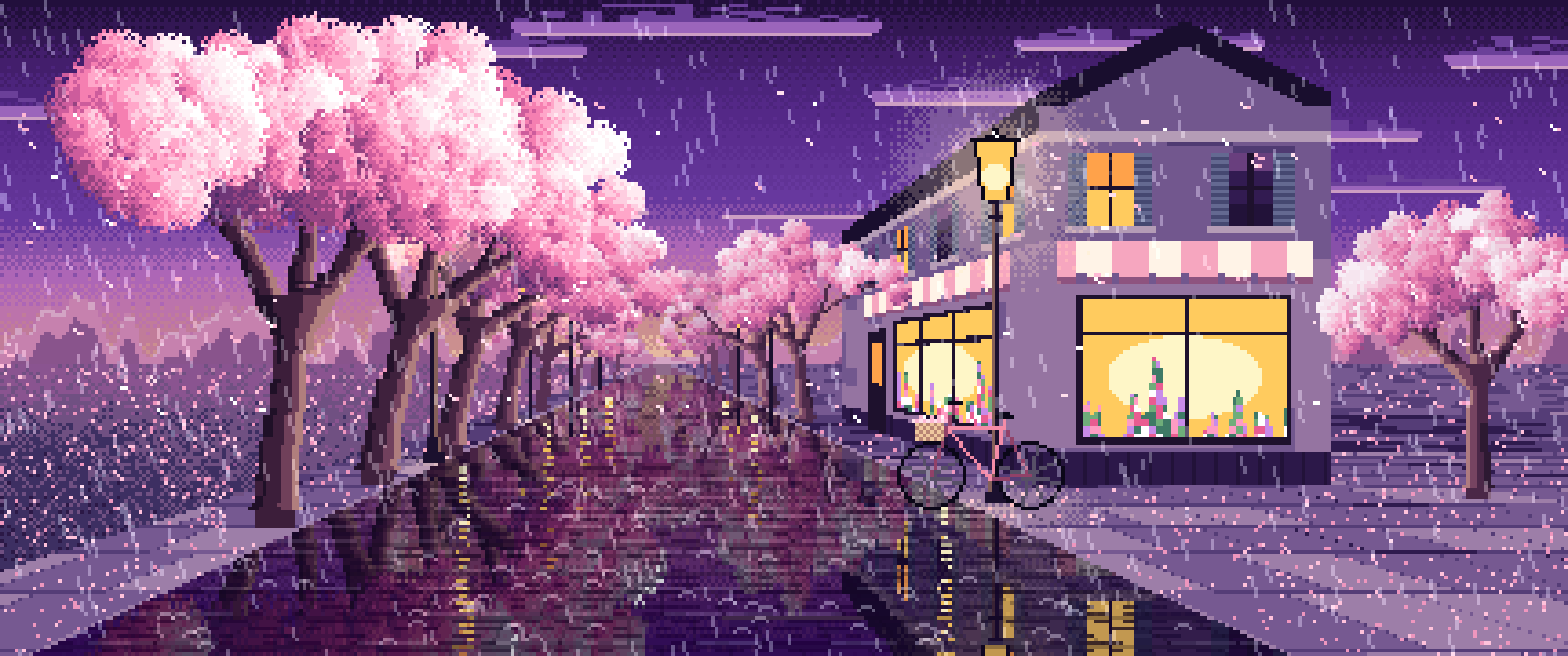 Dark Purple Pixel Art Cherry Blossom Street in the Rain ultrawide wallpaper, 3440 × 1440