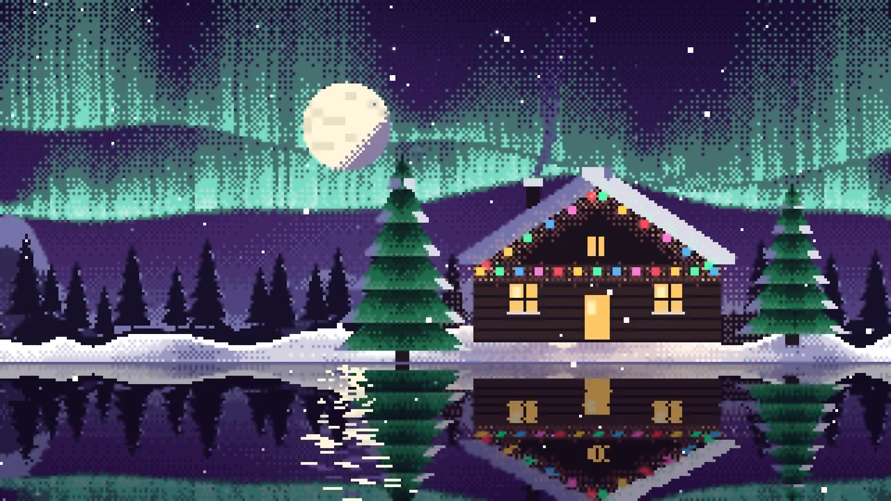 Dark Purple Pixel Art Christmas Cabin desktop wallpaper in 4K