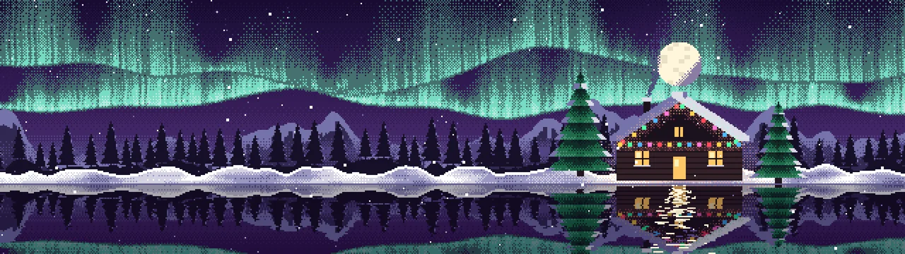 Dark Purple Pixel Art Christmas Cabin dual monitor wallpaper, 7680 × 2160