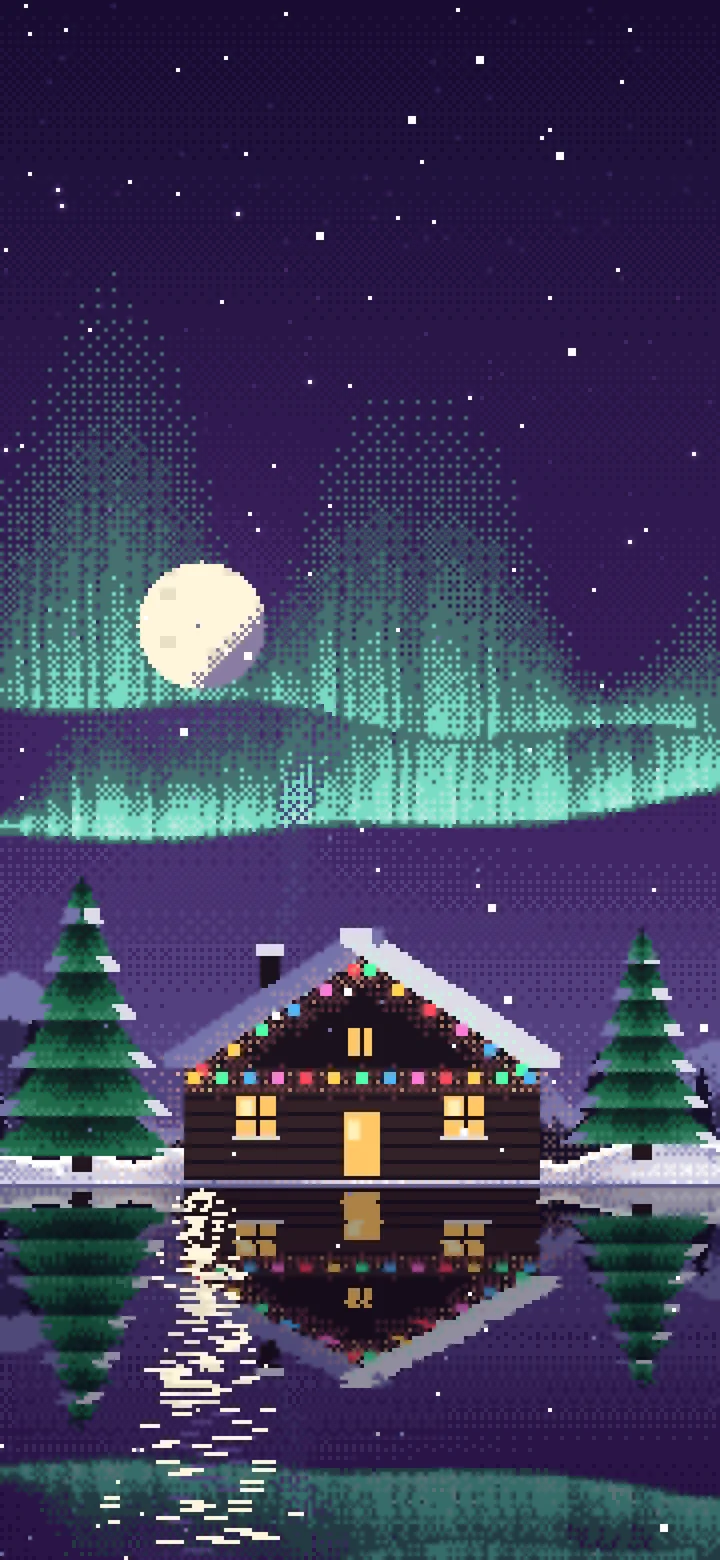 Dark Purple Pixel Art Christmas Cabin wallpaper for iPhone and Android