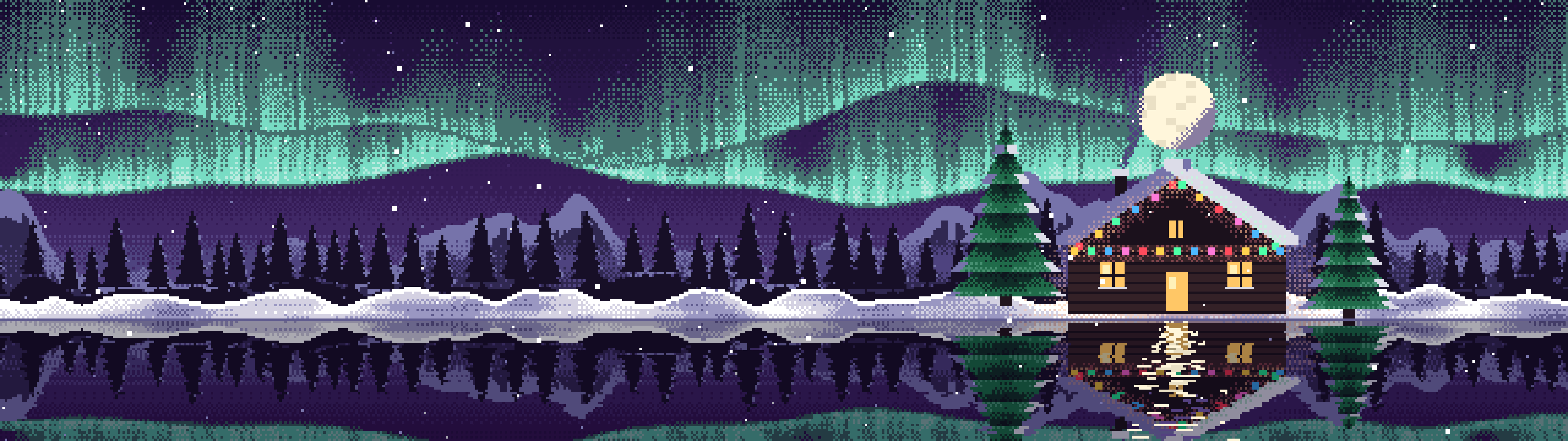 Dark Purple Pixel Art Christmas Cabin dual monitor wallpaper, 7680 × 2160