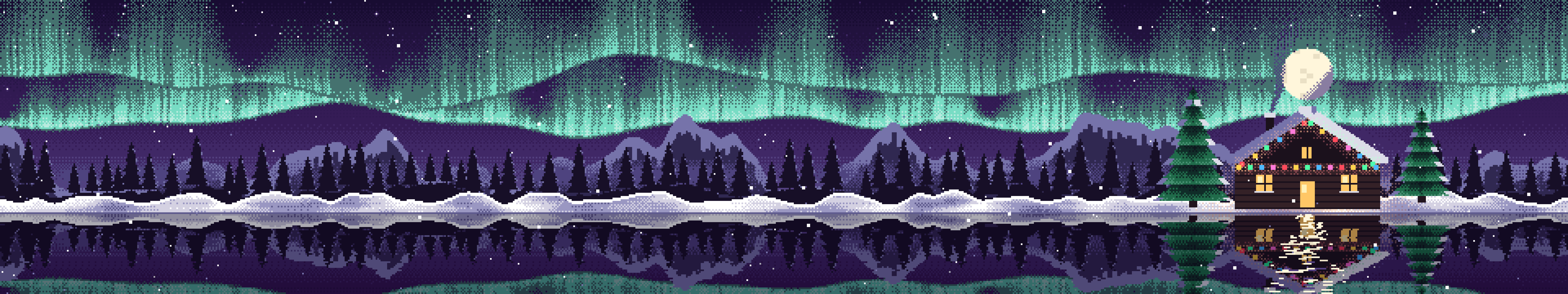 Dark Purple Pixel Art Christmas Cabin triple monitor wallpaper, 7680 × 1440