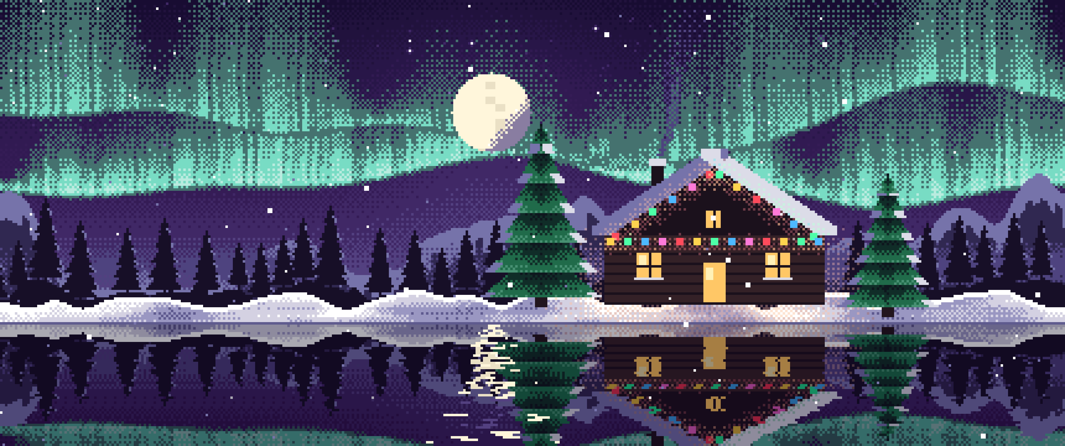Dark Purple Pixel Art Christmas Cabin ultrawide wallpaper, 3440 × 1440
