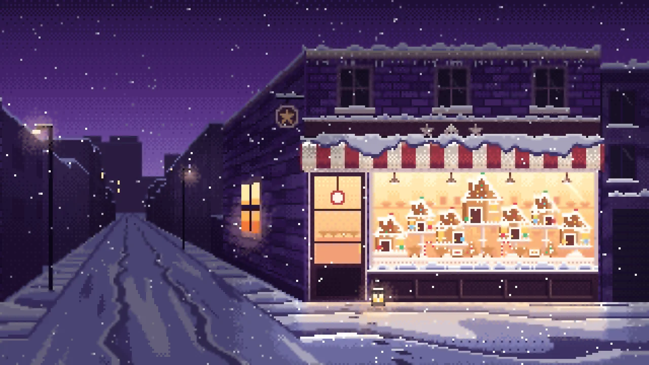 Dark Purple Pixel Art Christmas Gingerbread Bakery desktop wallpaper in 4K