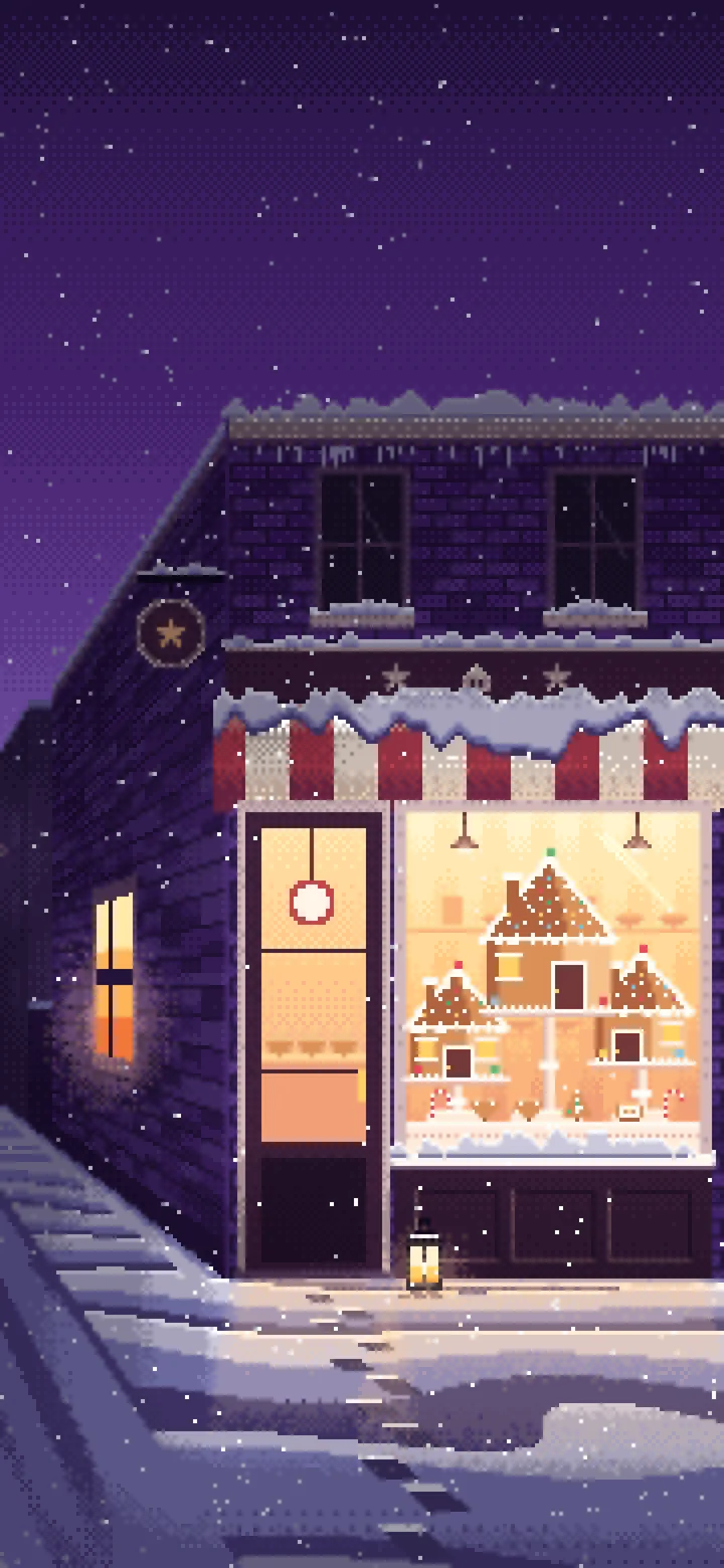 Dark Purple Pixel Art Christmas Gingerbread Bakery wallpaper for iPhone and Android