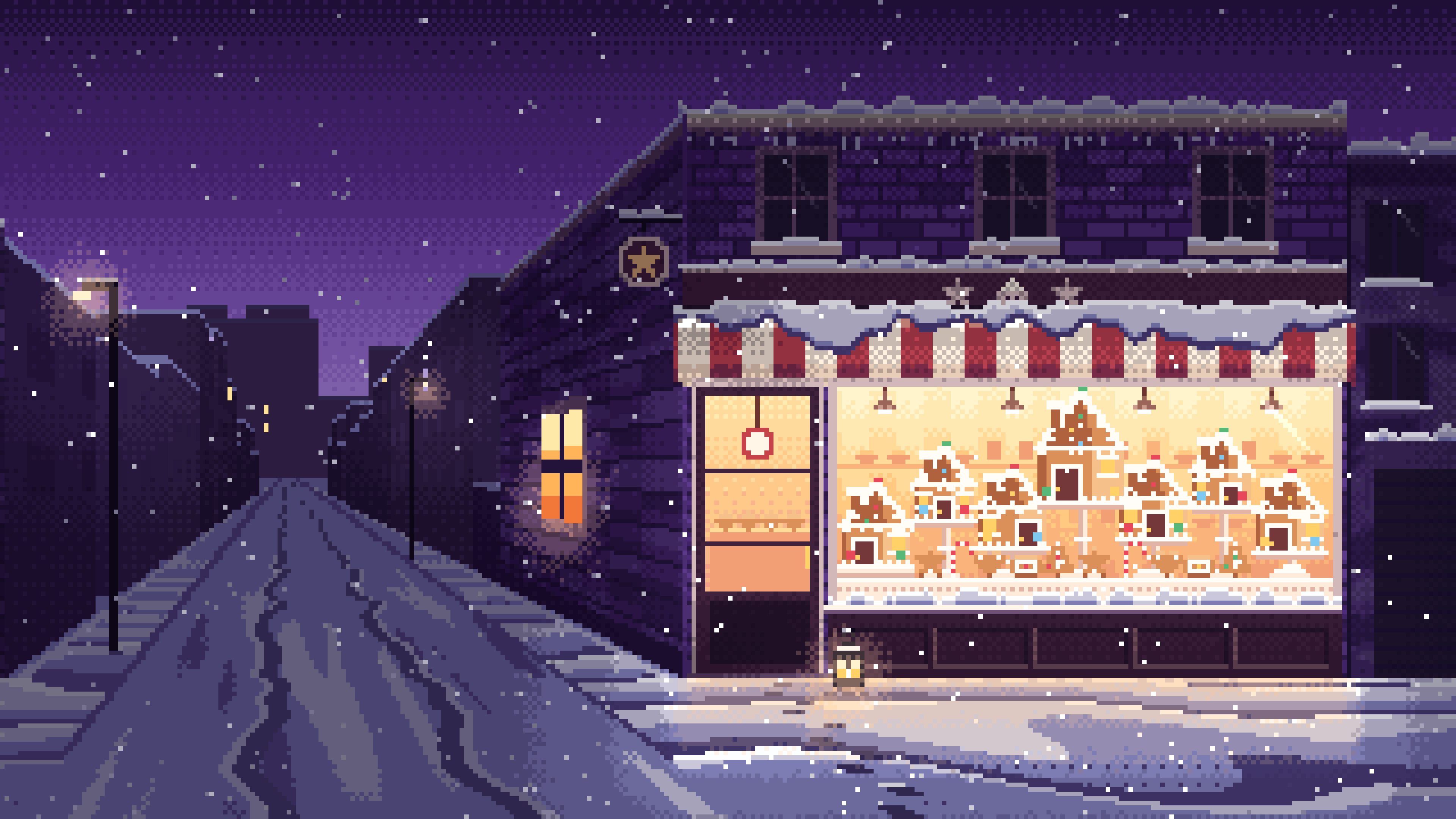 Dark Purple Pixel Art Christmas Gingerbread Bakery desktop wallpaper in 4K