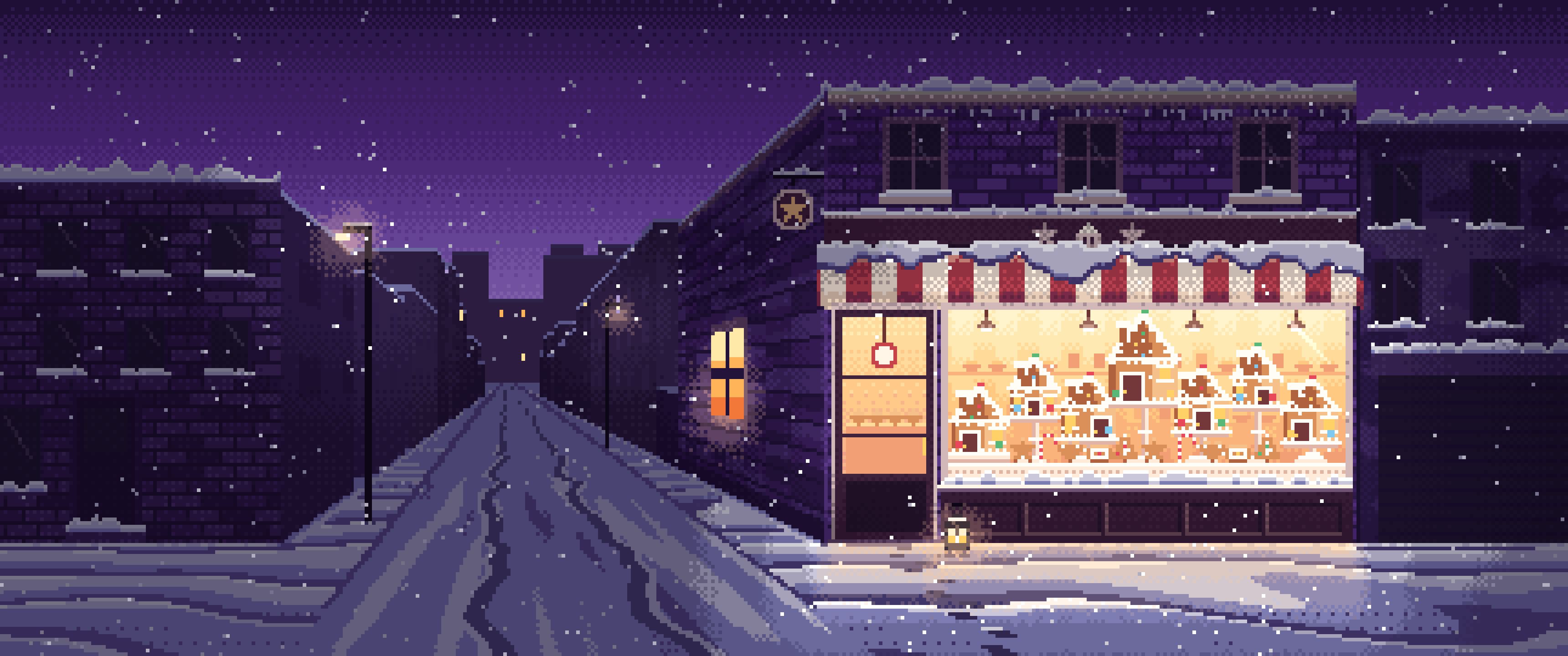 Dark Purple Pixel Art Christmas Gingerbread Bakery ultrawide wallpaper, 3440 × 1440