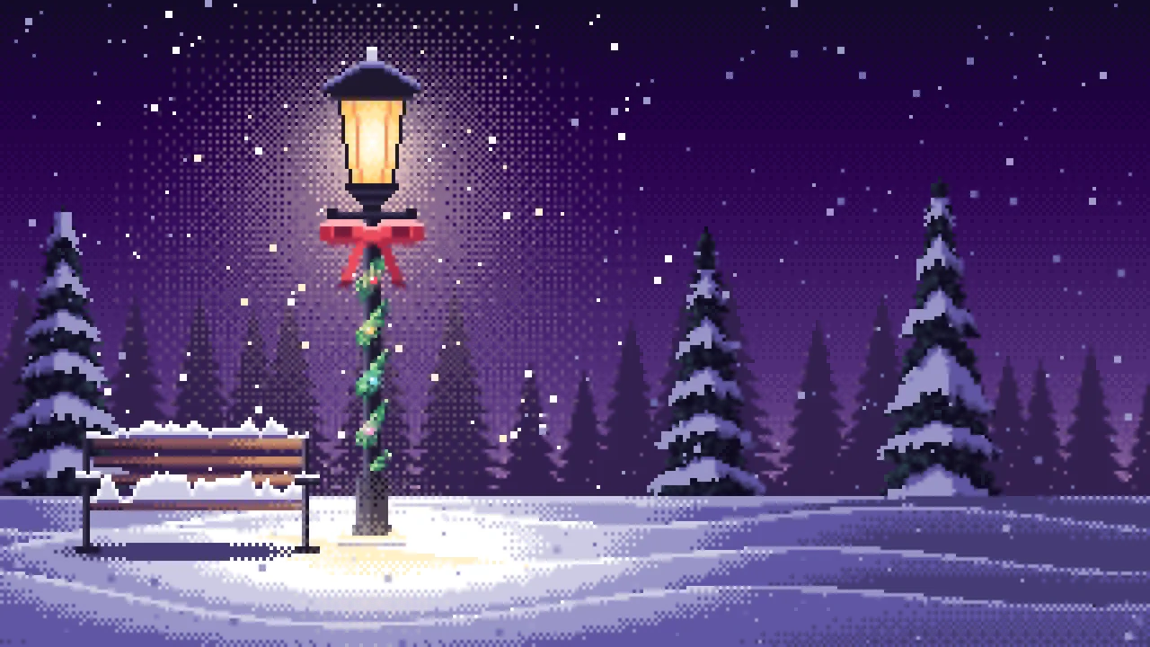 Dark Purple Pixel Art Christmas Lamp Post in the Snow desktop wallpaper in 4K