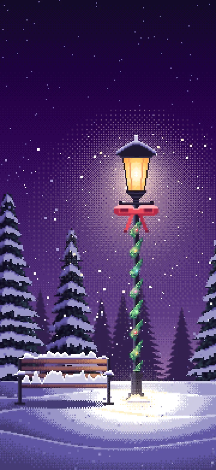Dark Purple Pixel Art Christmas Lamp Post in the Snow wallpaper for iPhone and Android