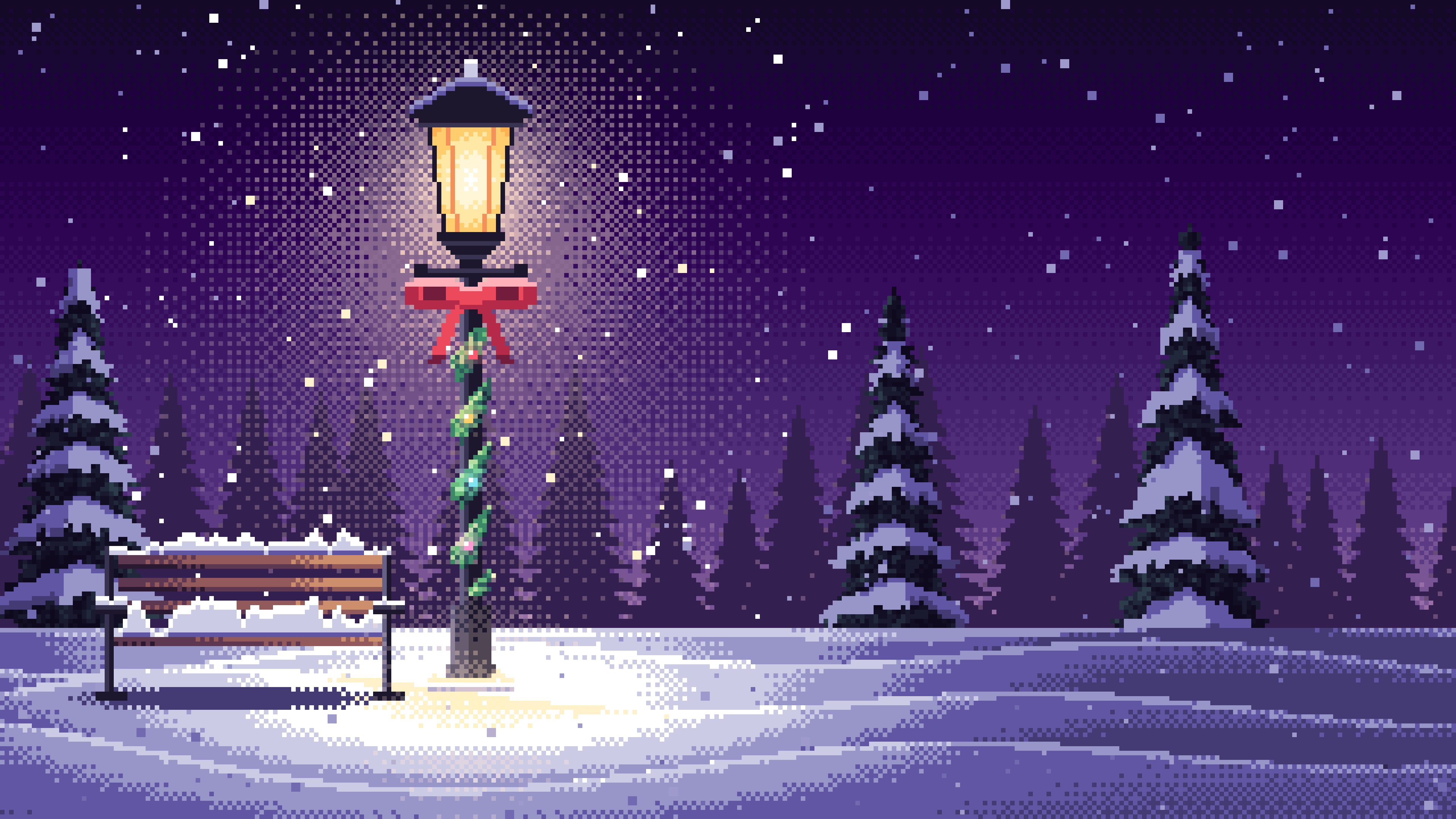 Dark Purple Pixel Art Christmas Lamp Post in the Snow desktop wallpaper in 4K